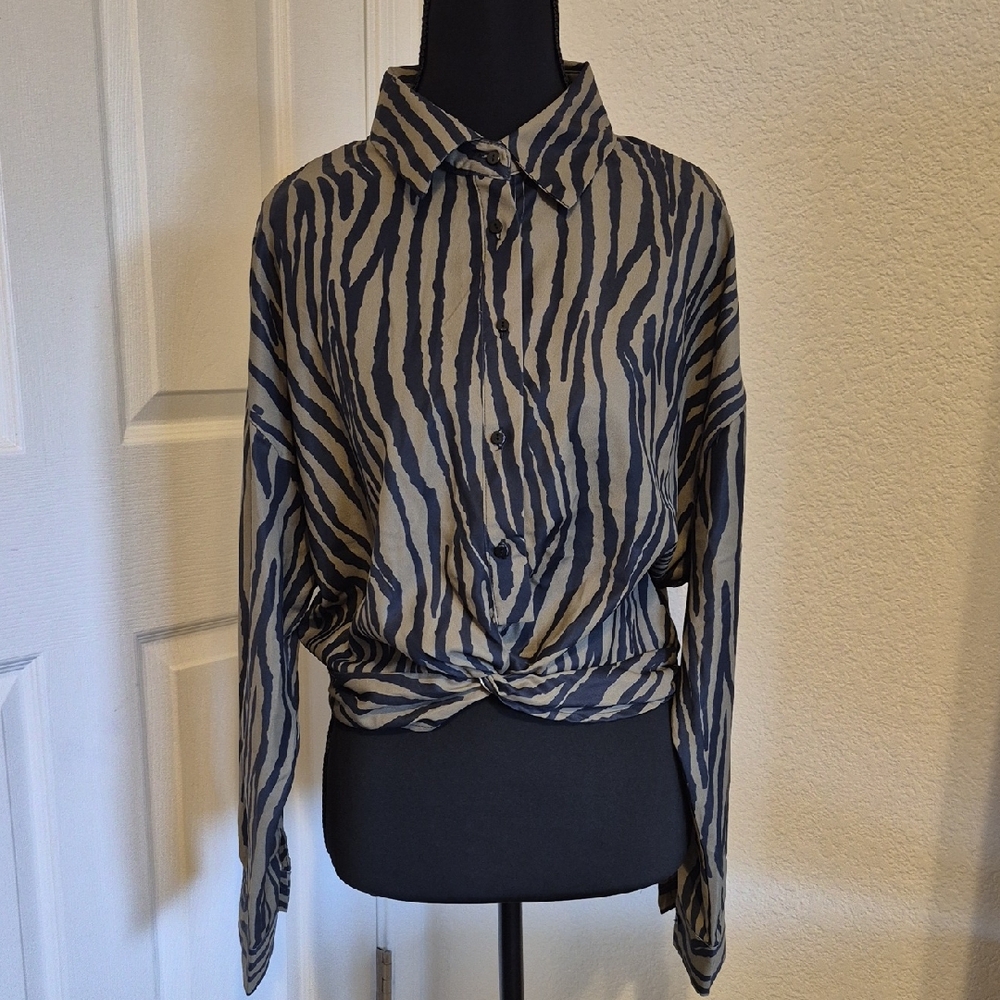 SHEIN Zebra Print Button-Up Blouse in Beige and Black